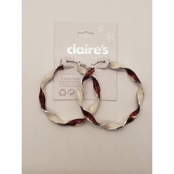 Claires Red White Silver Glitter Hoop Christmas Holiday Earrings - Picture 1 of 1